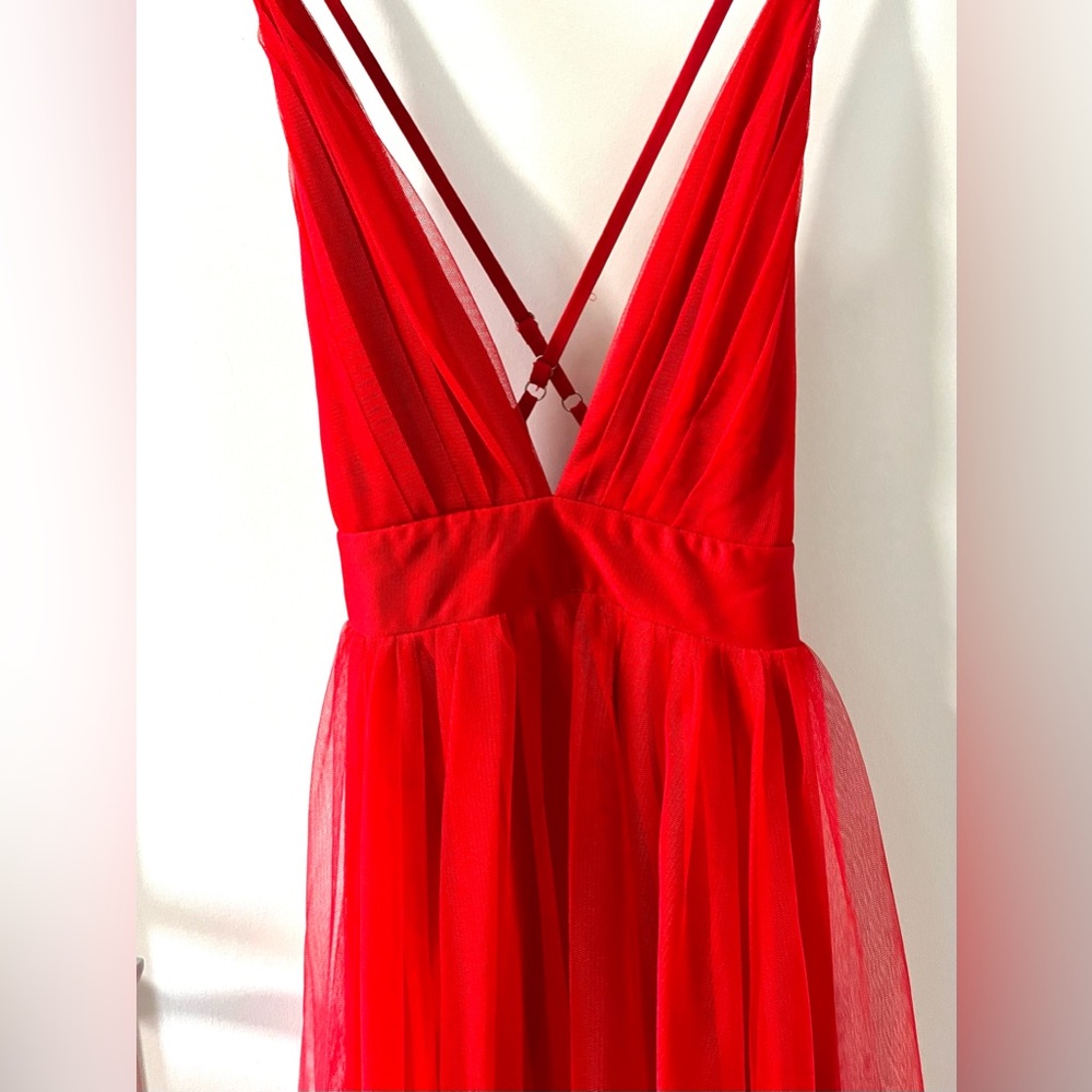 Luxxel Red Formal Dress- Deep V Neckline and Low Back